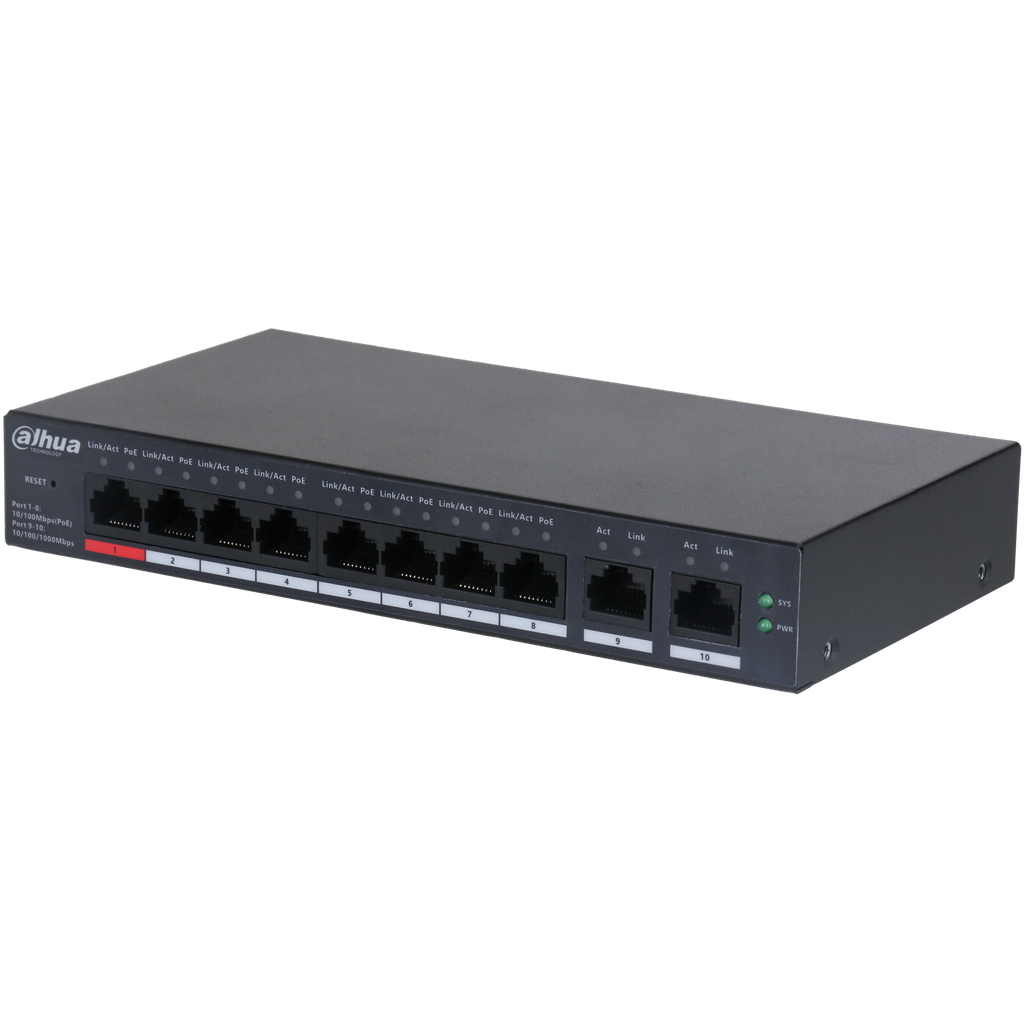 DH-CS4010-8ET-110. Switch Dahua 8 Puertos PoE 10/100 2 puertos uplink 10/100/1000 administrado por c