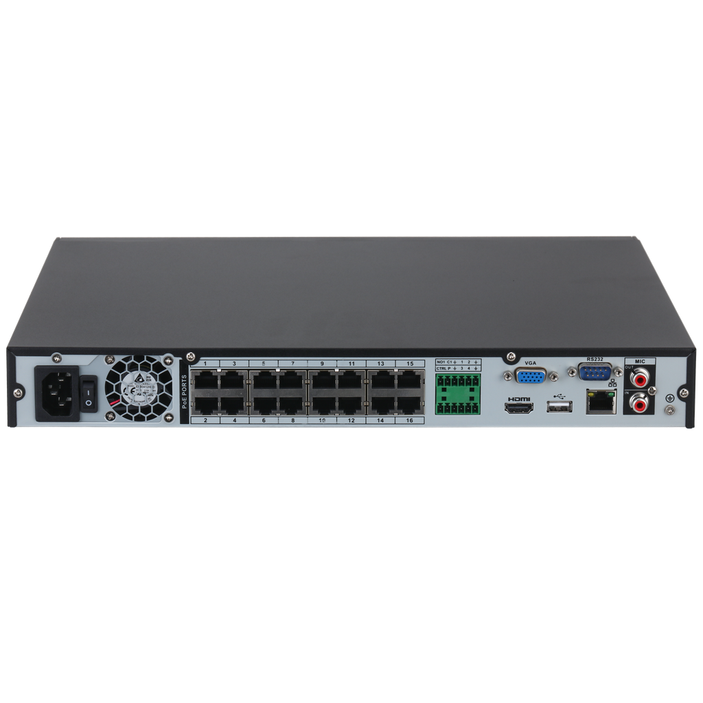 DHI-NVR4232-16P-4KS3. NVR Dahua 32 canañes 16 puertos PoE soporta 2 discos hasta 20TB camaras hasta
