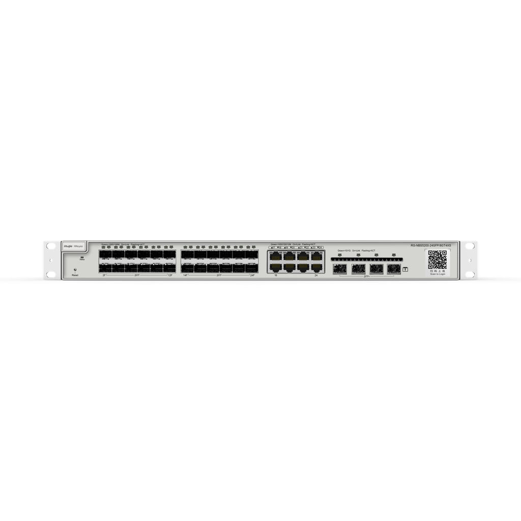 RG-NBS5200-24SFP/8GT4XS. Switch de capa 3 con 24 puertos SFP 1Gbps, 8 puertos GigaEthernet, 4 SPF+ h