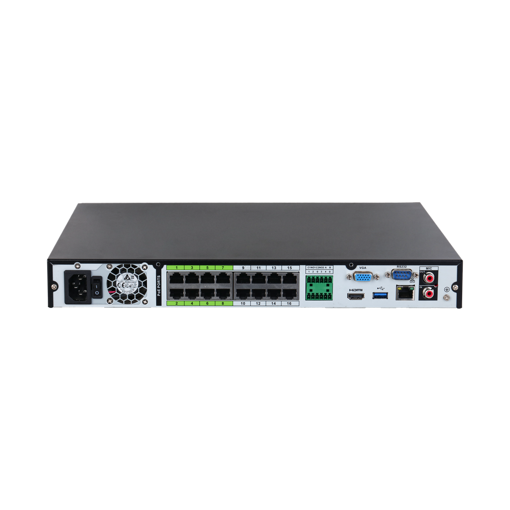 DHI-NVR5216-16P-EI. NVR Dahua 16 canales 16puertos PoE soporta 2 HDD hasta 16TB IA Perimetral protec