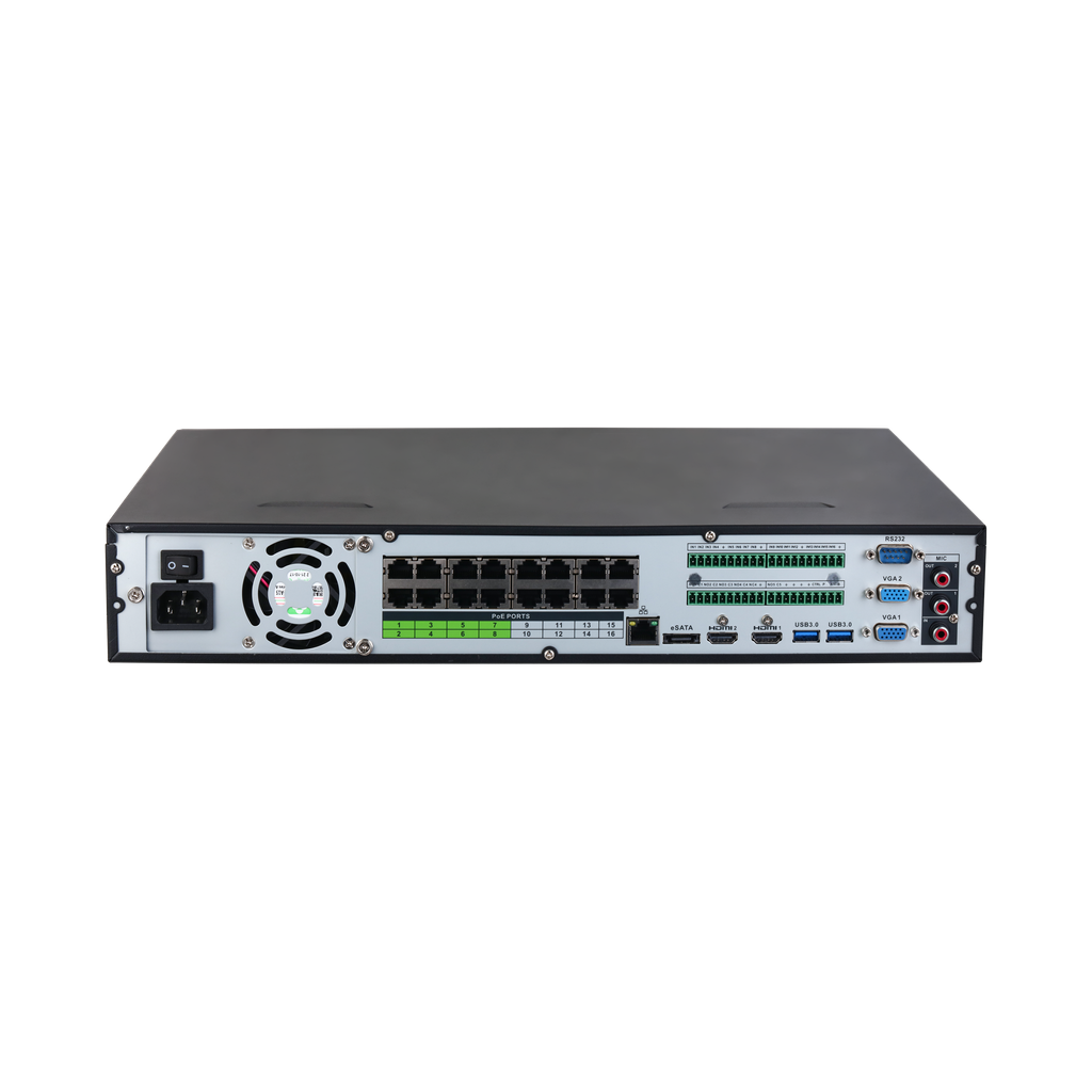 DHI-NVR5432-16P-EI. NVR Dahua 32 canales 16PoE soporta 4 HDD hasta 16TB IA Perimetral protecction AN